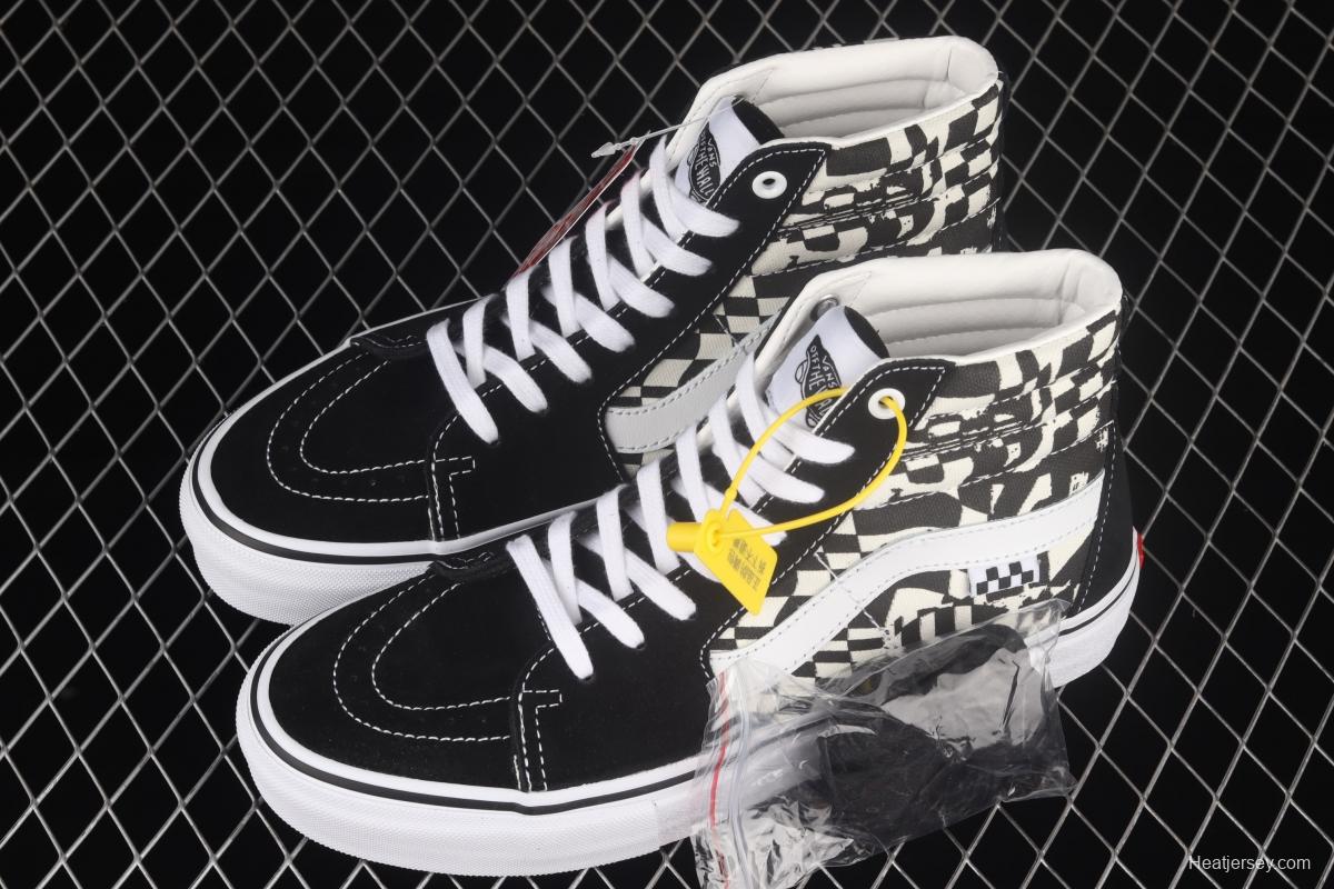 Vans Sk8-Hi black and white checkerboard lattice side stripes high-top casual board shoes VN0A5FCC9CU