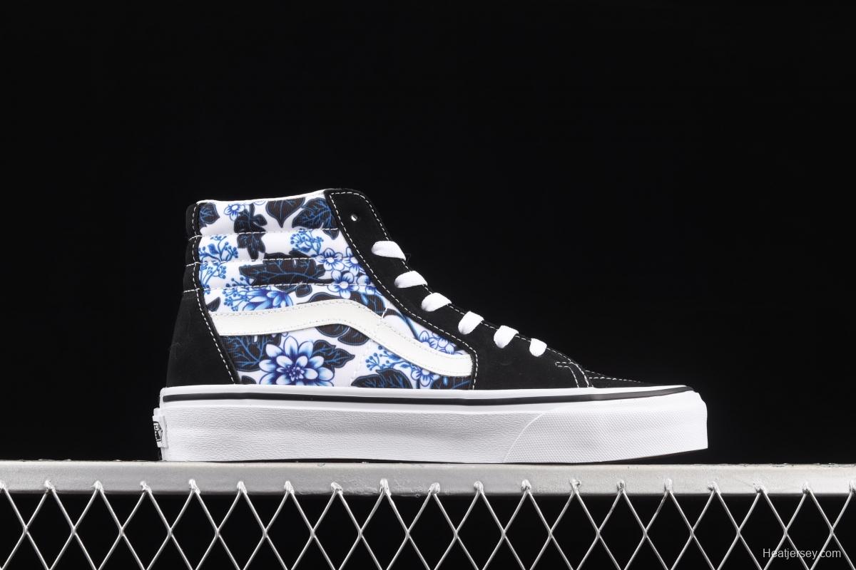 Vans Sk8-Hi classic series blue flower printing side stripes casual board shoes VN0A4U16Y6Z