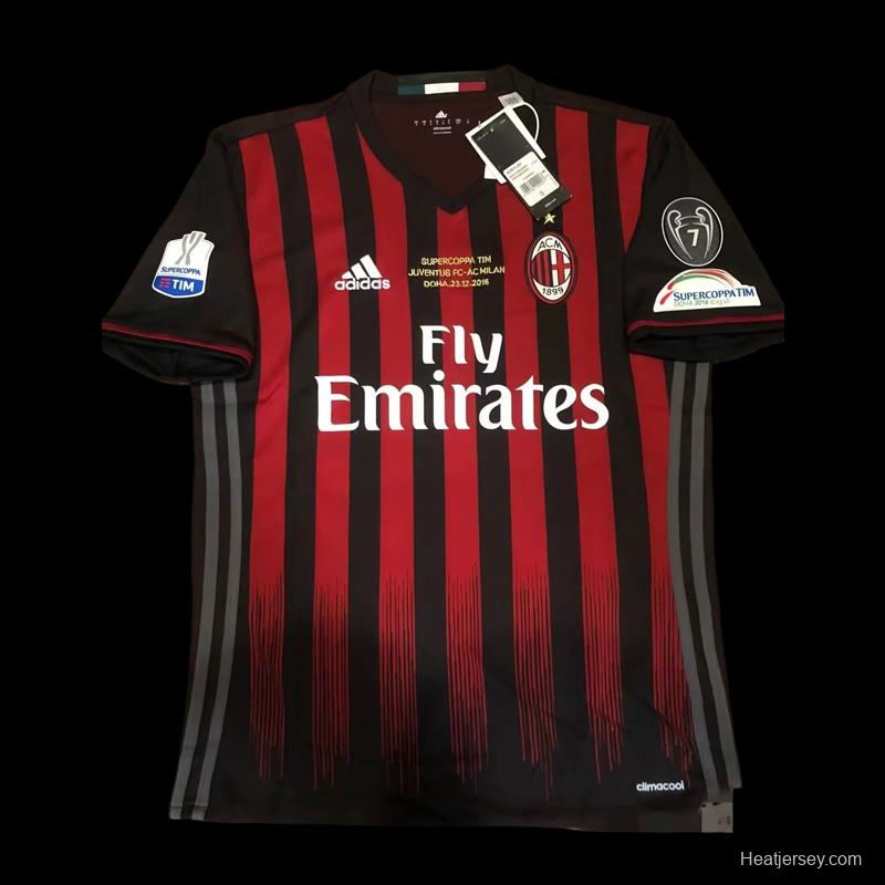 Retro 16 17 AC Milan Home Jersey Supercoppa TIM Juventus VS AC Milan With Supercoppa Full Patch