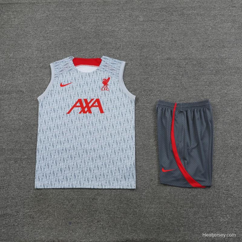 23-24 Liverpool White/Grey Grid Vest Jersey+Shorts