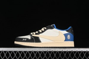 Nike Travis Scott x Fragment Design x Air Jordan 1 Low OG SP AJ1 Bape Collaboration - Crocodile Leather Black White Blue Low Top Casual Sneakers - XZ2828-001